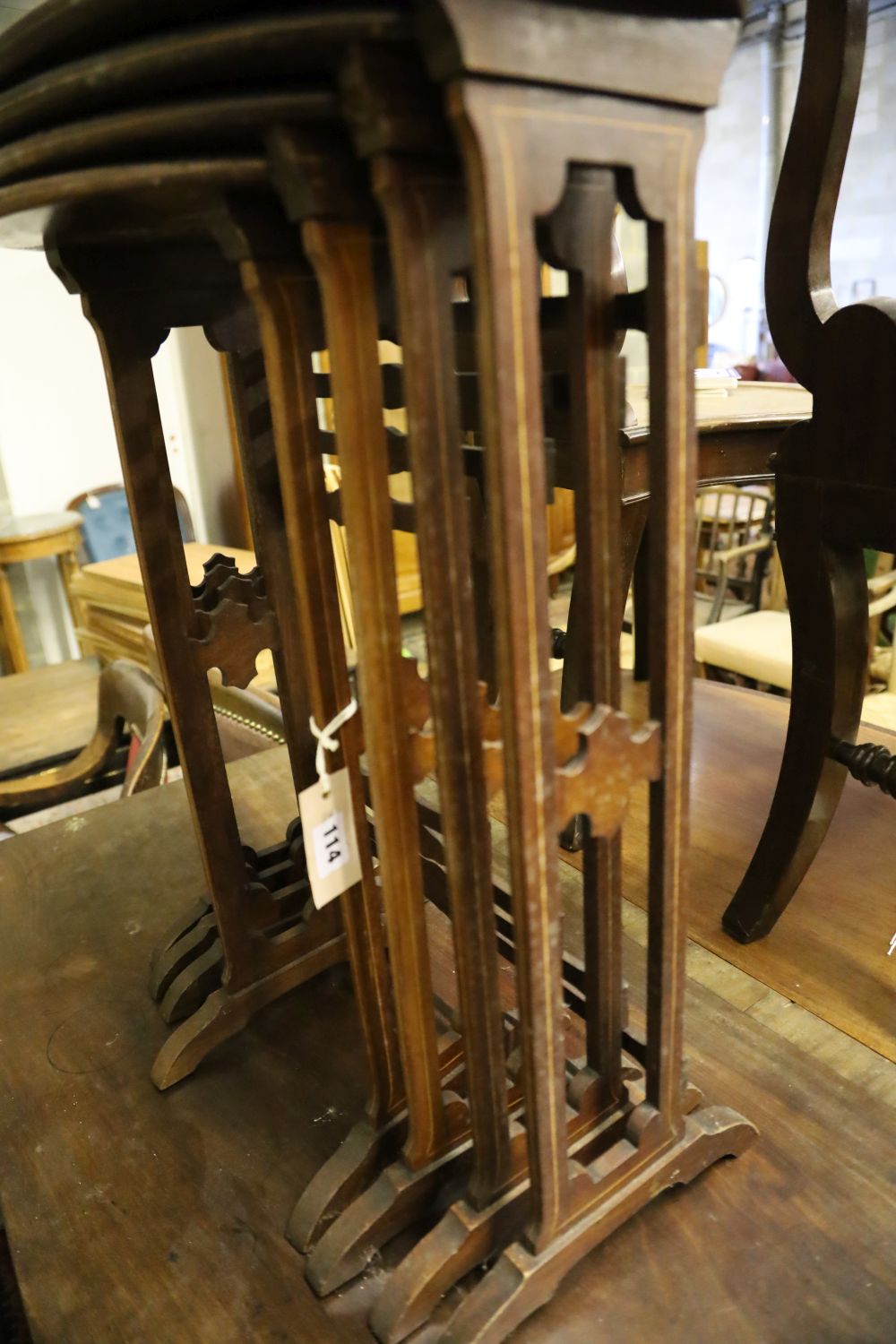 A quartetto of Edwardian oval mahogany tea tables, width 51cm, depth 34cm, height 64cm